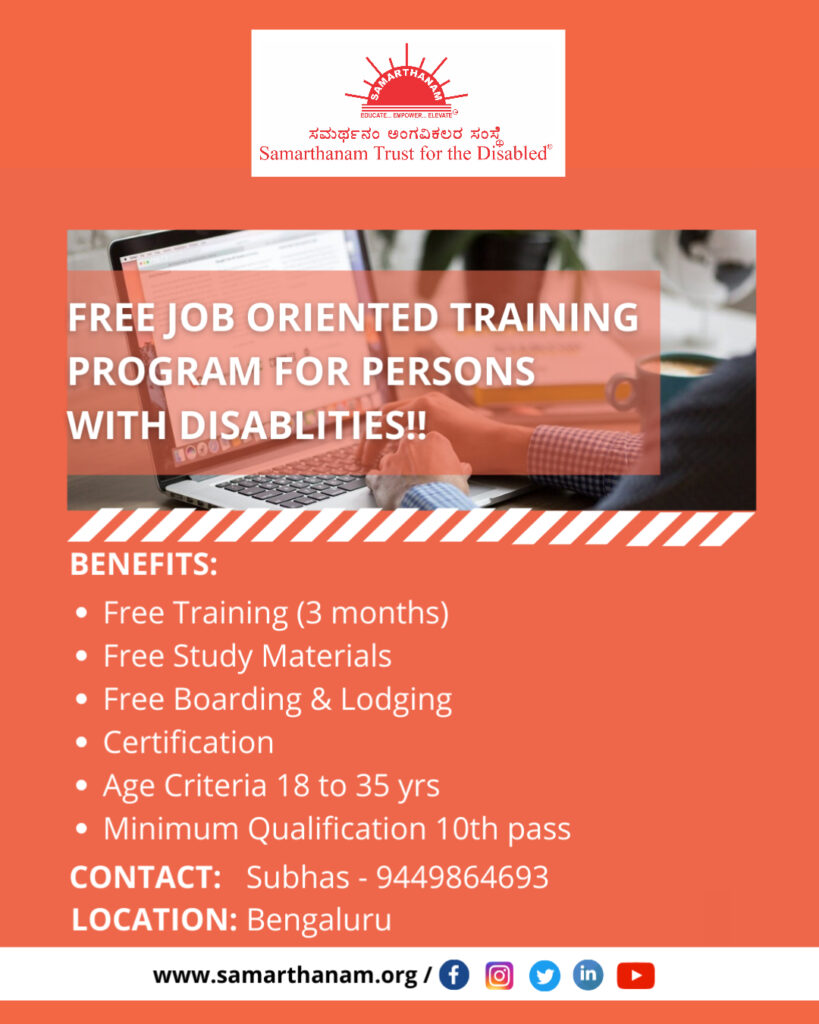 Samarthanam’s Livelihood Resource Centre (LRC) is facilitating livelihood training to youth with disabilities and the underprivileged in Bangalore