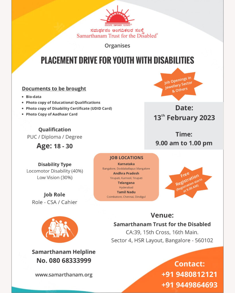 Samarthanam Livelihood Resource Center has organized a Placement Drive for Youth with Disabilities