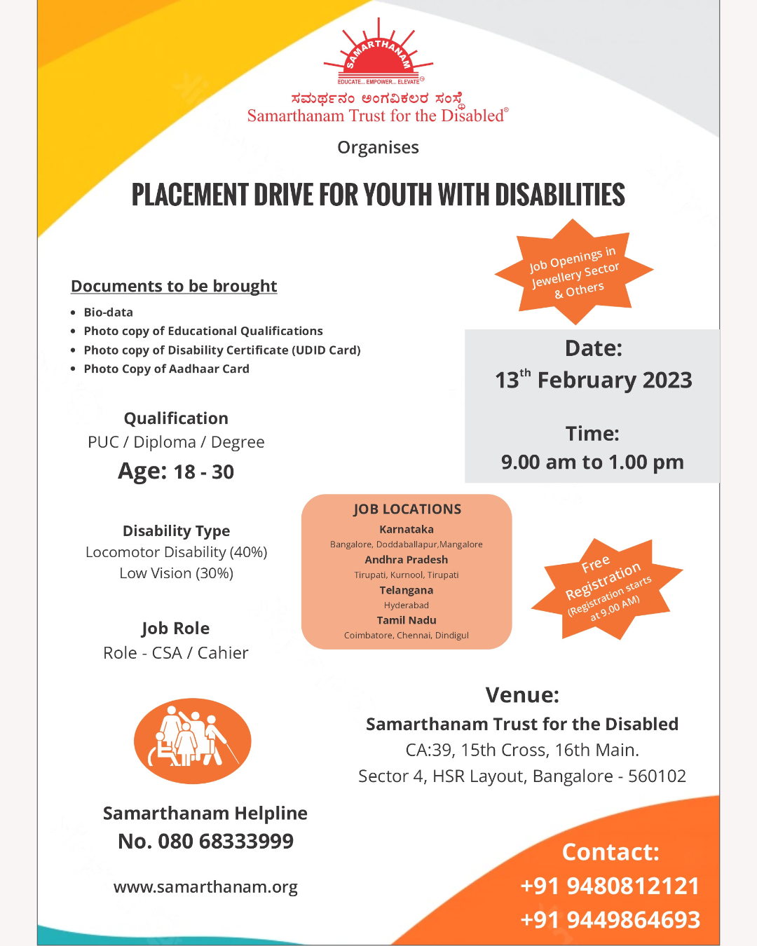 Samarthanam Livelihood Resource Center has organised a Placement Drive for Youth with Disabilities