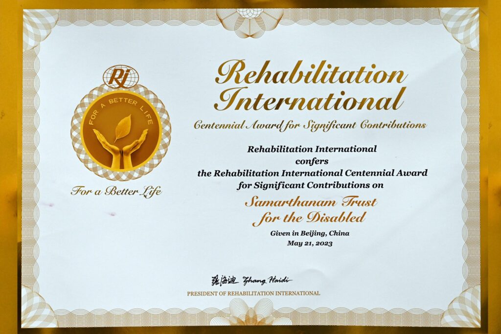 Samarthanam Trust for the Disabled has been awarded the prestigious Rehabilitation International Centennial Award-1
